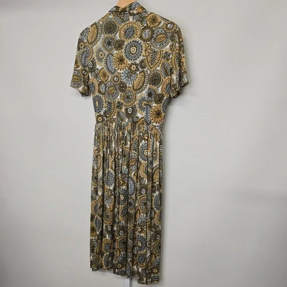 Vintage‎ Womens Paisley Print Midi Dress Button Up Short Sleeve Tie Neck - Picture 2 of 6